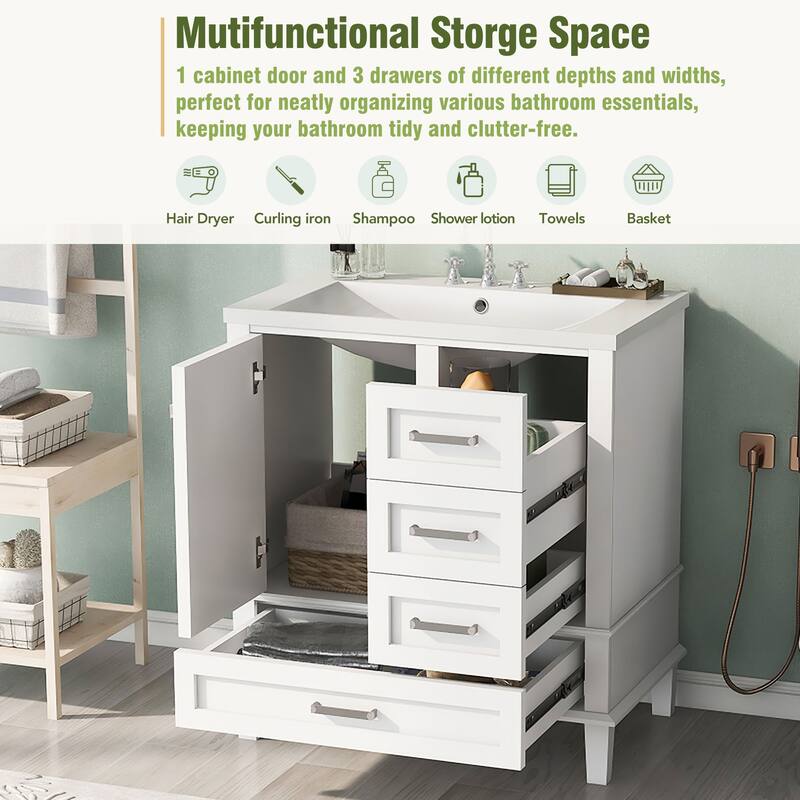 GDFStudio - Hera 30" Vanity Modern Bathroom Cabinet with Resin Sink, 1 Door and 3 Drawers