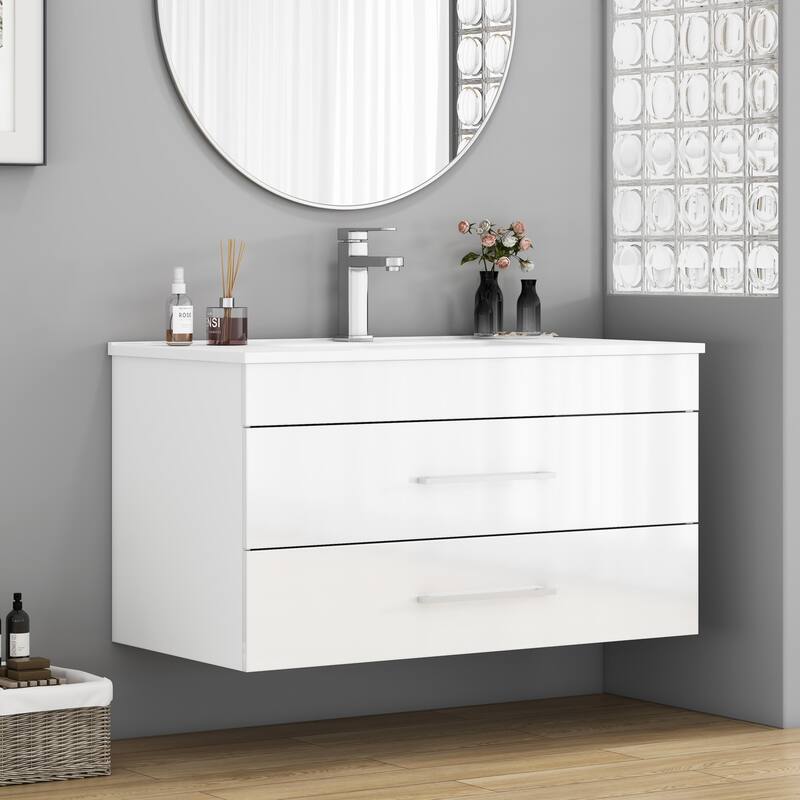 36-Inch White Gloss Wall-Mounted Bathroom Vanity with Double Drawers, Soft-Close System,Ceramic Sink,Long Metal Handle