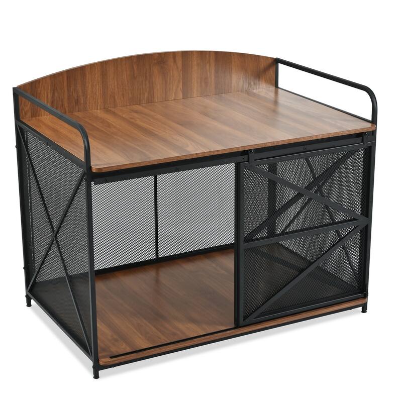 Wood Large Dog Crate Furniture with Curved Back Panel and Sliding Door, Dog Kennel Indoor End Table, Decorative Pet House