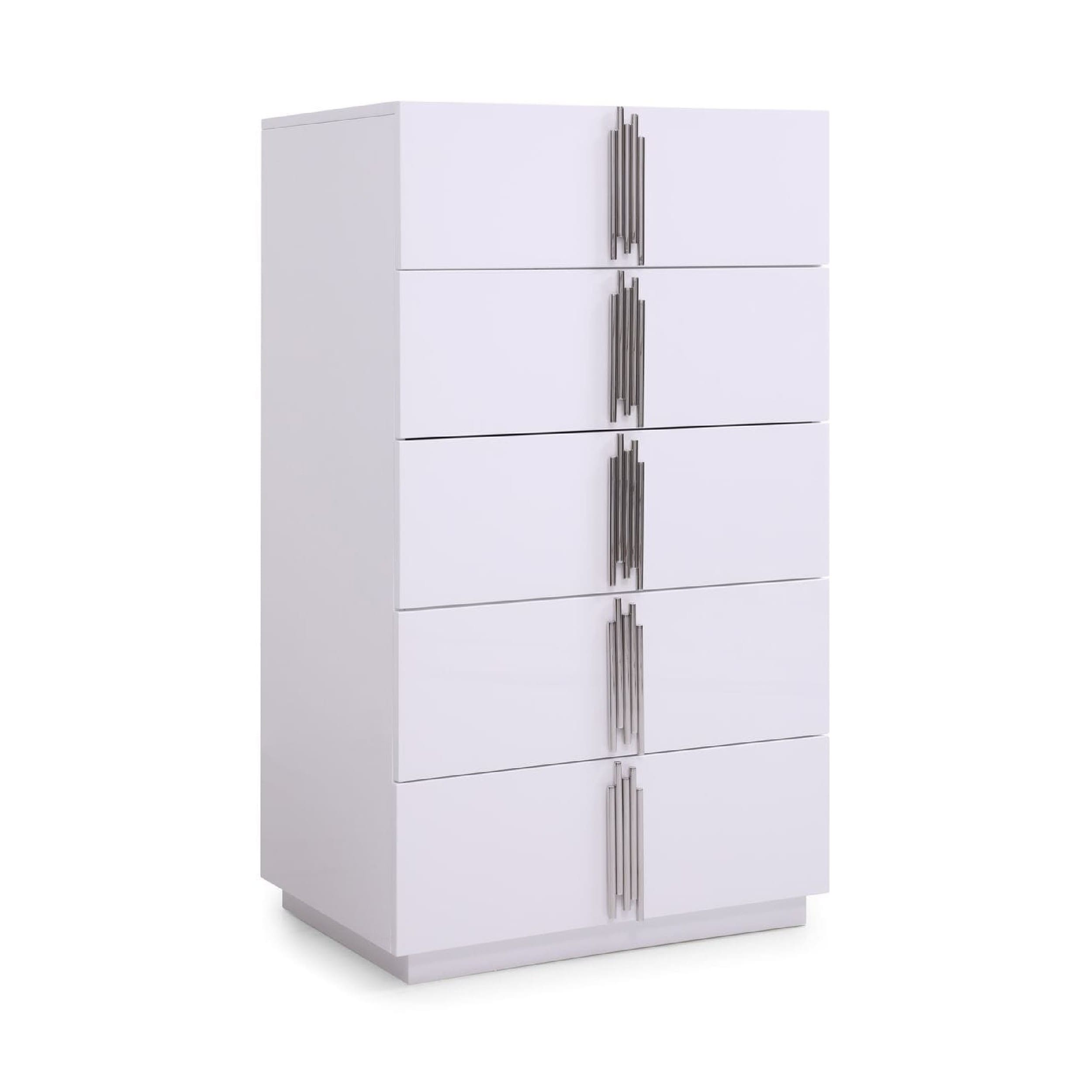 Cid Inji 50 Inch Tall Dresser Chest, 5 Drawers, Stainless Steel, Glossy White