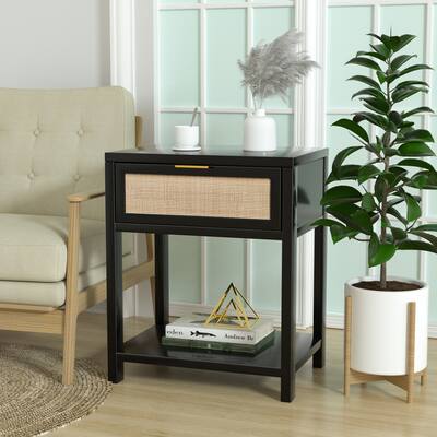 Anmytek 24" H Wood Nightstand, Mid-Century Modern End Table with Storage Drawer and Open Shelf Rattan Bedside Table
