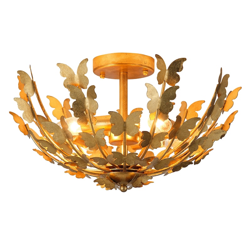 Antique Gold Butterfly Bowl 4-Light Semi Flush Mount Ceiling Light - 17.7"Wx10.4"H