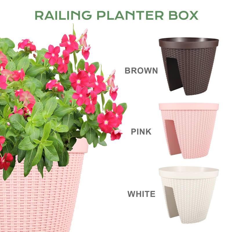 Aoodor 12'' Balcony Rattan Pattern Railing Planter Box with Drainage Holes and Adjustable Brackets-Set of 4 - 12''×11''