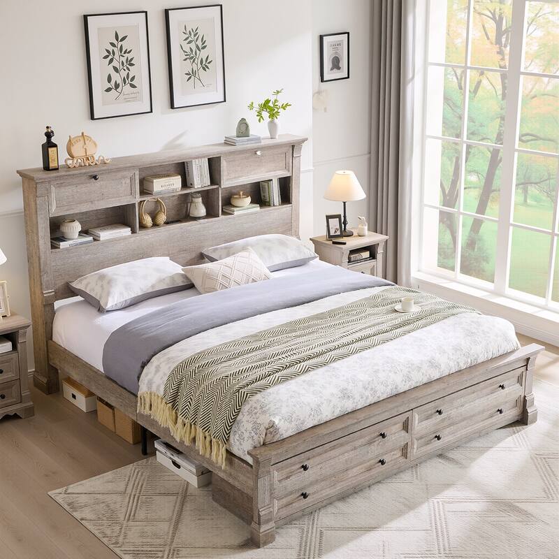 Farmhouse Bed Frame with 54" Tall Storage Bookcase Headboard - Light Rustic Oak - Queen