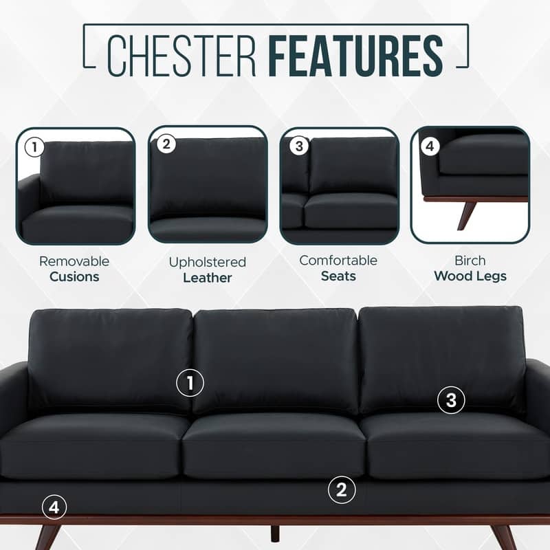 Chester 3 Seater Mid-Century Modern Leather or Mesh Sofa Couch With Birch Wood Frame Armchair for Living Room Bedroom and Office
