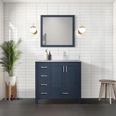 Jacques 36 in. W x 22 in. D Right Offset White Bath Vanity, Cultured Marble Top, Faucet Set, and 34 in. Mirror