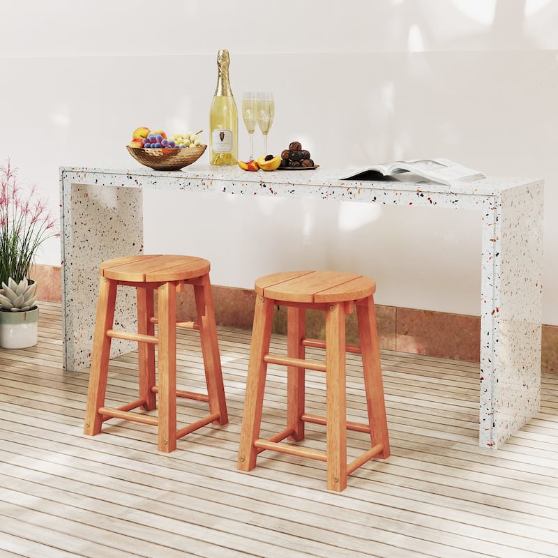 Natural Eucalyptus Wood Outdoor Bar Stools Set of 2 with Crossbars and Comfortable Seat - 11.5" x 11.5" x 18"