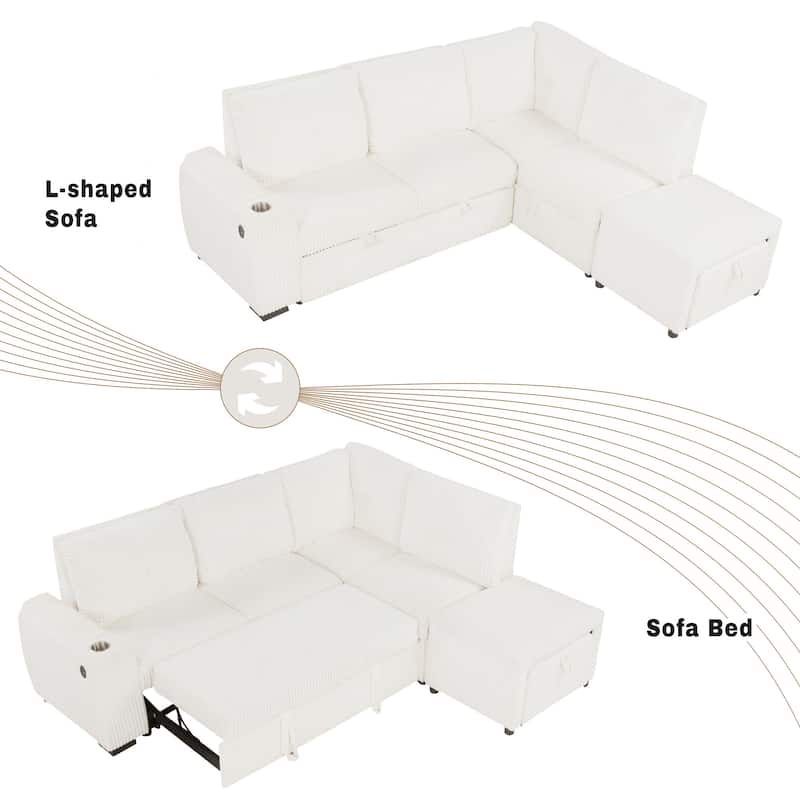 94" L Shaped Sectional Sleeper Sofa with Movable Ottoman and USB Ports