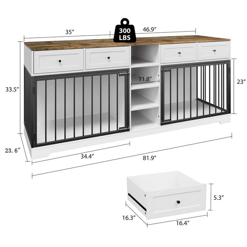 Wooden Dog Cage Crate Furniture TV Stand Large Dog Kennel with 4 Drawers and Shelves for 2 dogs