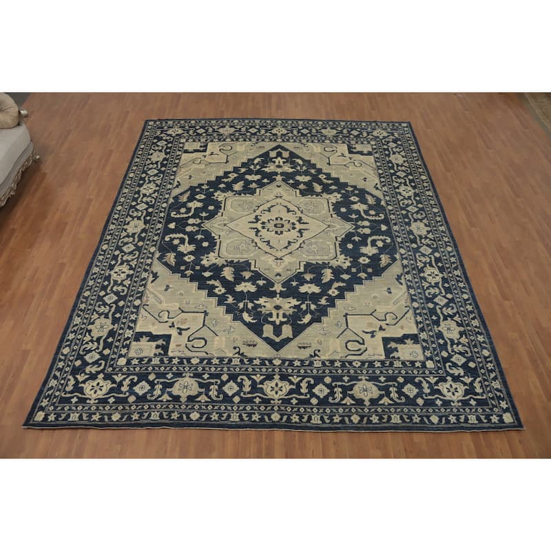 Blue Geometric Oushak Turkish Large Rug, Medallion Geometric Carpet - 14' 8'' X 12' 0''