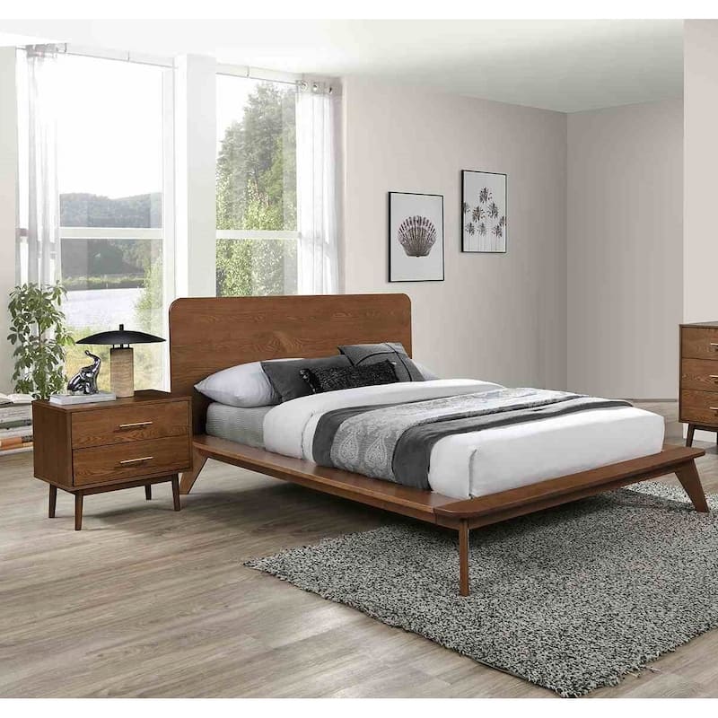 Modern Walnut Finish Solid Wood Platform Bed 1-Piece