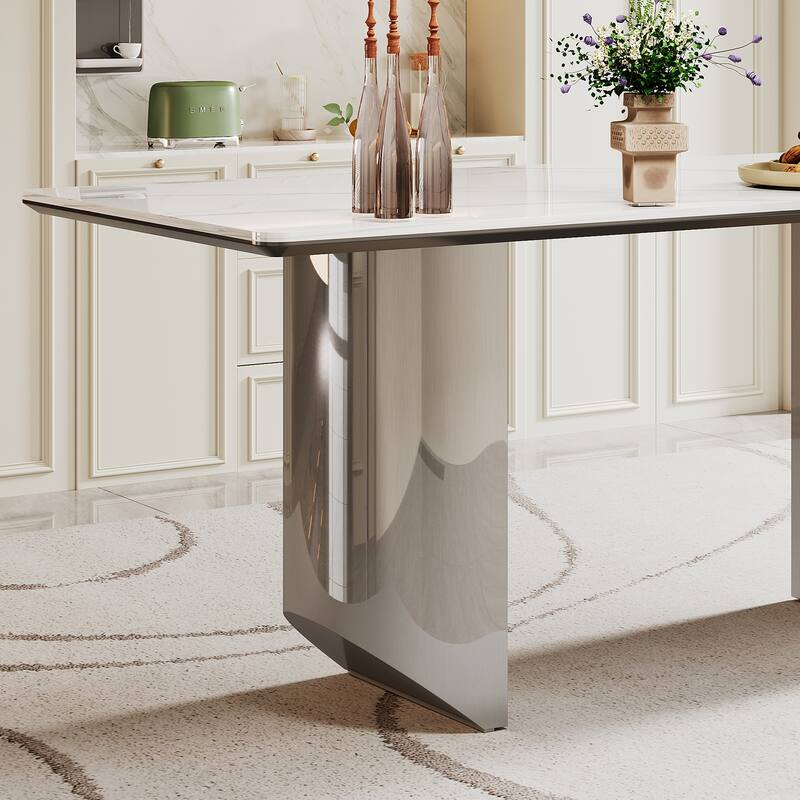 0.47" Thick Sintered Stone Composite Tempered Glass Top Dining Table with Stainless Steel Base