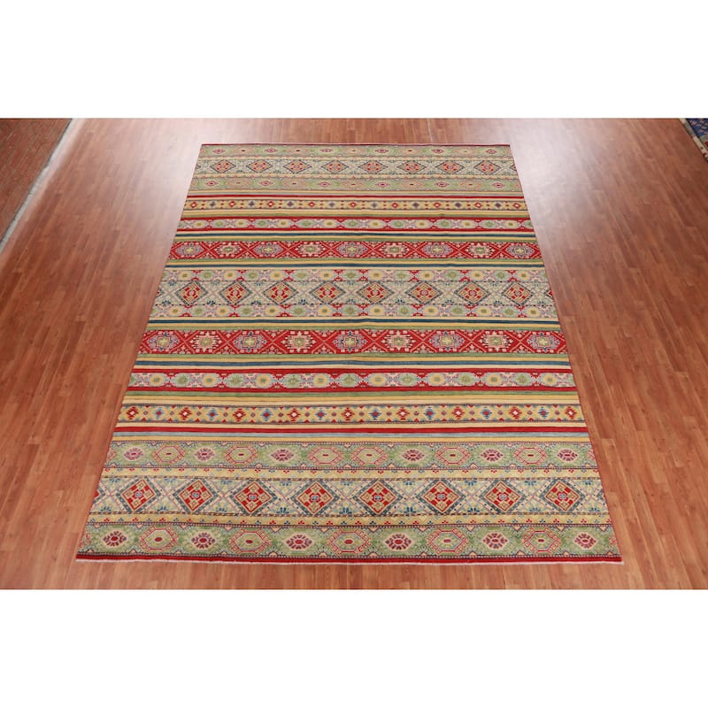 Hand Knotted Oriental 100% Wool Carpet Traditional Geometric Multi-Colored Kazak Area Rug - 12' 11'' X 9' 10''