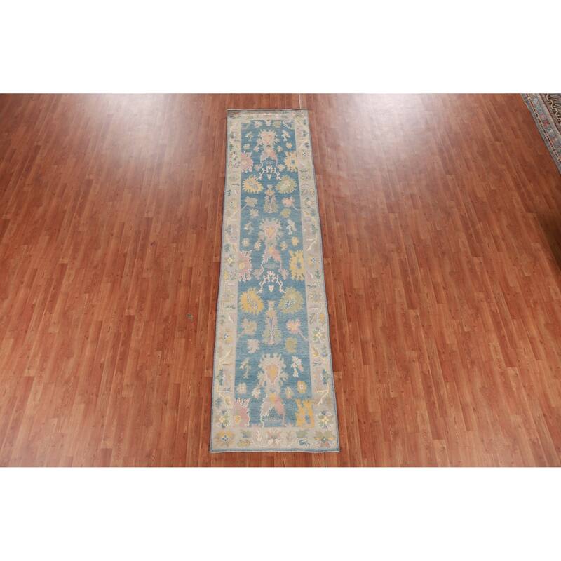 Hand Knotted Oriental 100% Wool Carpet Transitional Floral Navy Blue & Blues Oushak Runner Rug - 11' 7'' X 2' 10''