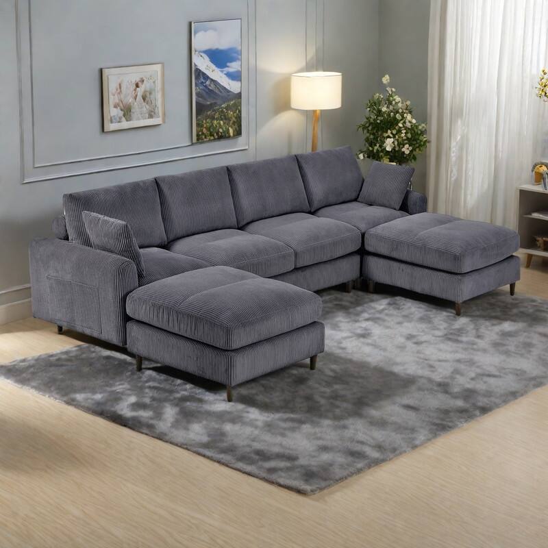 122" Corduroy Modular Sectional Sofa with Convertible U/L-Shape Design and Storage Pockets - Grey