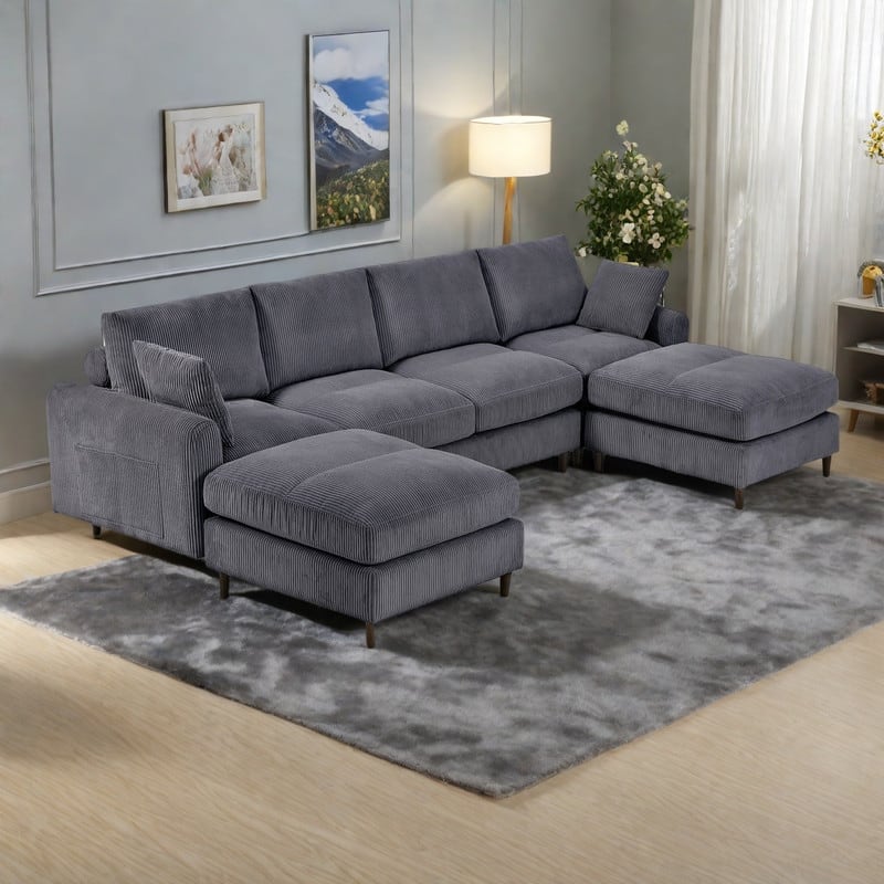 122" Corduroy Modular Sectional Sofa with Convertible U/L-Shape Design and Storage Pockets