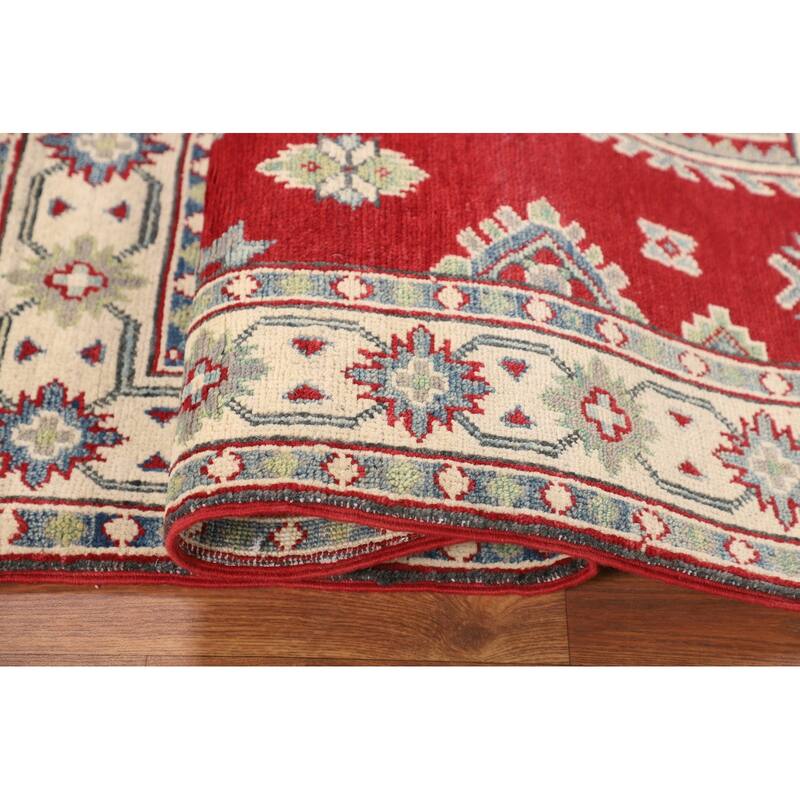 Red Geometric Kazak Foyer Rug Handmade Oriental Wool Carpet - 3'6" x 5'1"