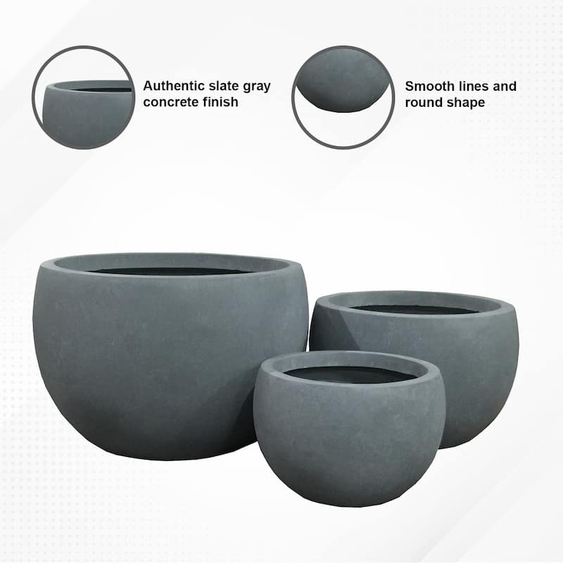 Kante Lightweight Concrete Outdoor Round Planter, Set of 3, 13", 10.5" and 8" Tall, Slate Gray
