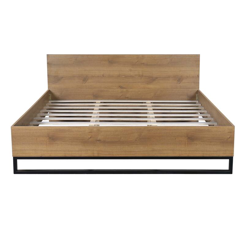 Solid Wood Rustic Platform Bed with Headboard, Wooden and Metal Bed Frame, Wood Slats Support, No Box Spring Needed