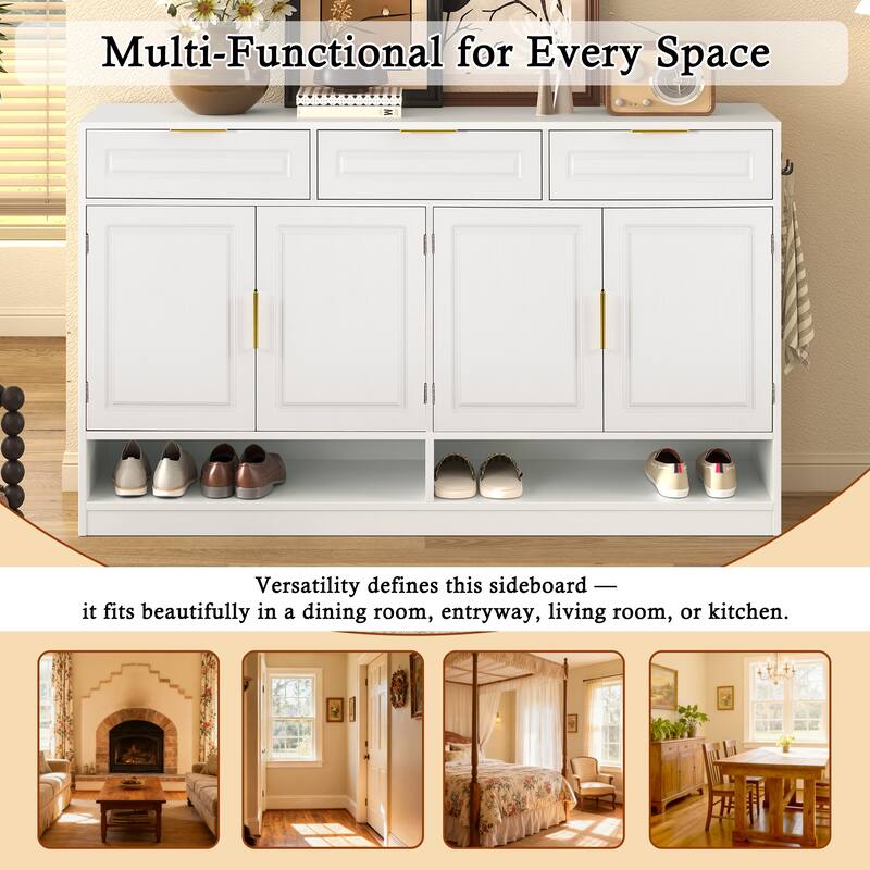 59.1" Farmhouse Sideboard Buffet with 3 Drawers, 4 Doors, Adjustable Shelf & Open Storage Compartments