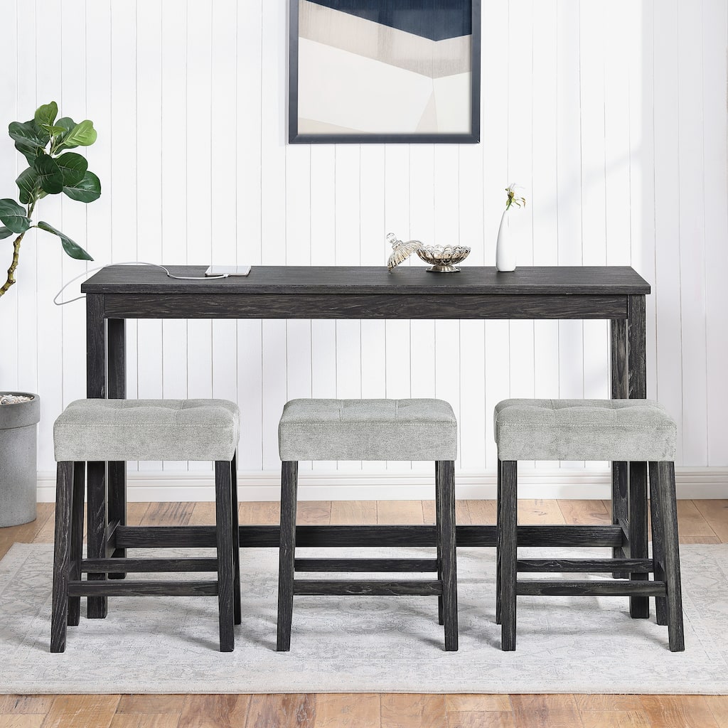 Black Grey Bar Table Set with Power Outlet, 3 Ergonomic Backless Stools, 4 Piece Dining Table Set with 3 Upholstered Seat