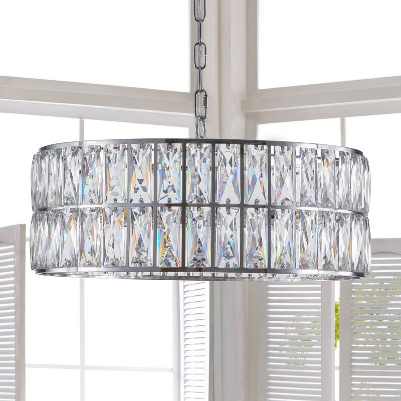 18" Golden Modern Crystal Drum Chandelier, 6-Light Pendant Lighting Fixture Metal Frame for Living Room, Dining Room and Bedroom