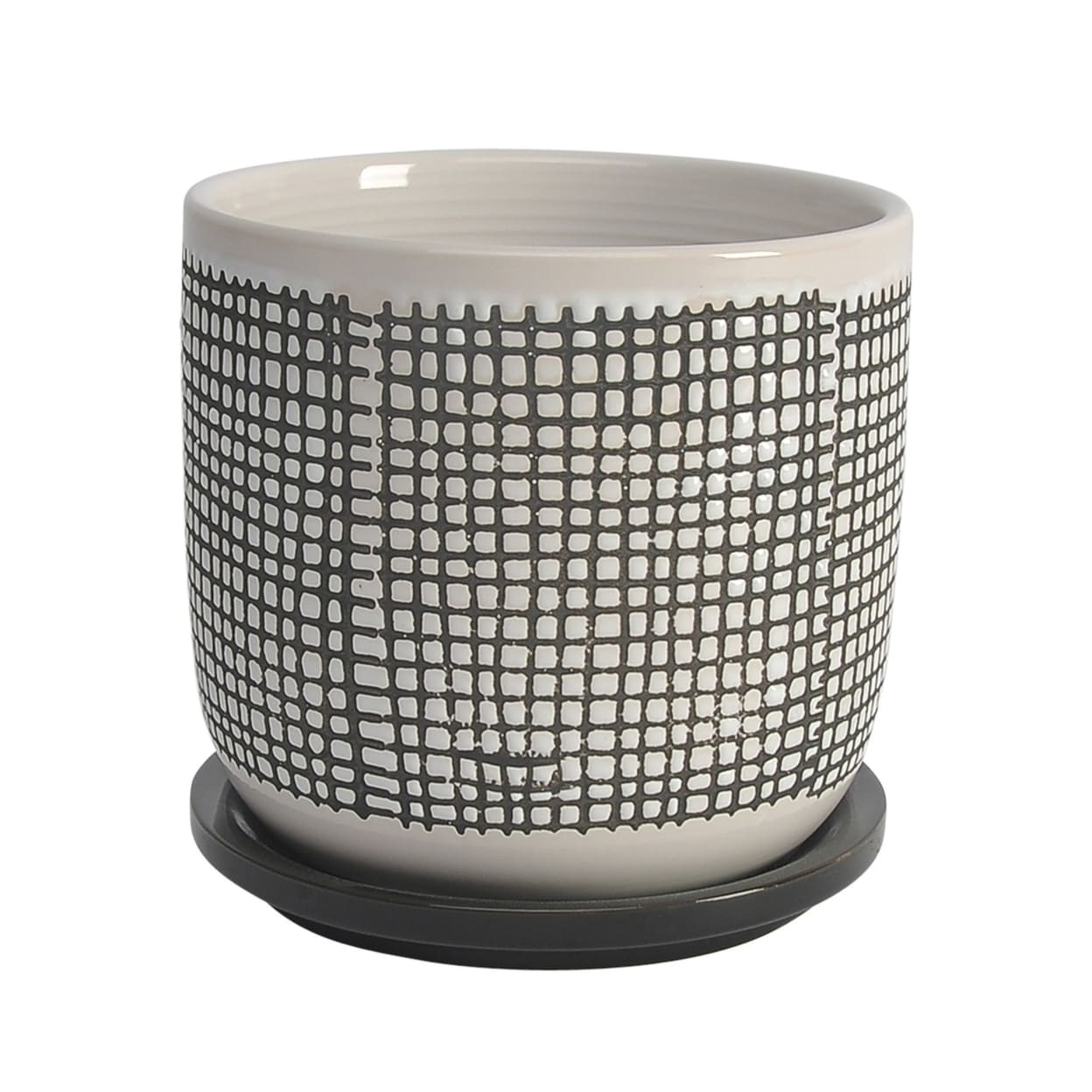 Ceramic Planter With Mesh Design And Saucer Gray Saltoro