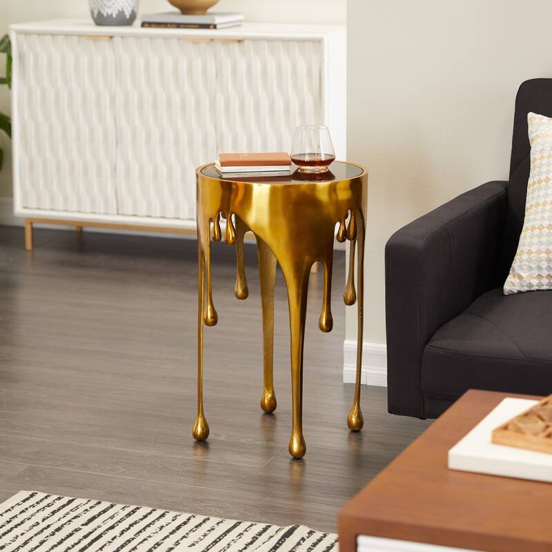 Aluminum Metal Abstract Drip Accent Table with Melting Design and Shaded Glass Top - Roche River Decor