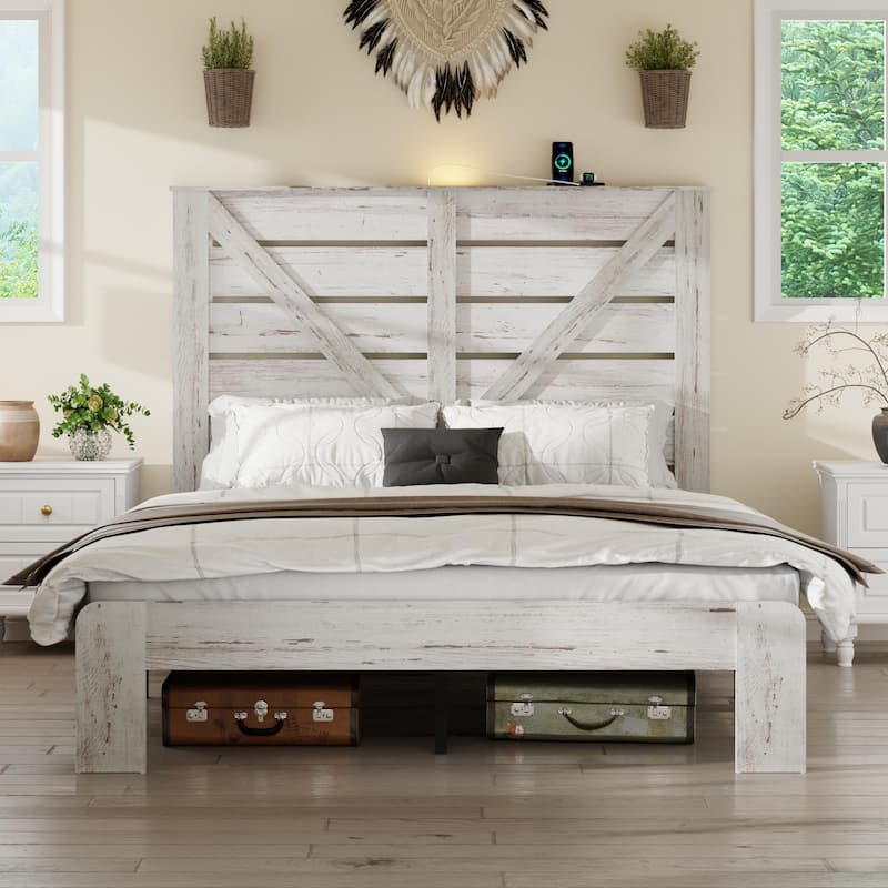 Wood Platform Bed with Rustic Headboard Black Metal Frame Support, Solid Wood Slats No Box Spring Needed Large Under-Bed Storage
