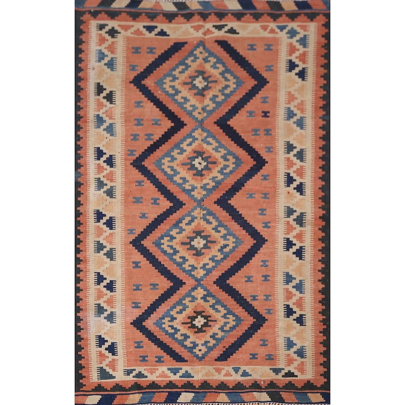Pink Geometric Kilim Persian Accent Rug Flatweave Wool Carpet - 3'2" X 5'0"