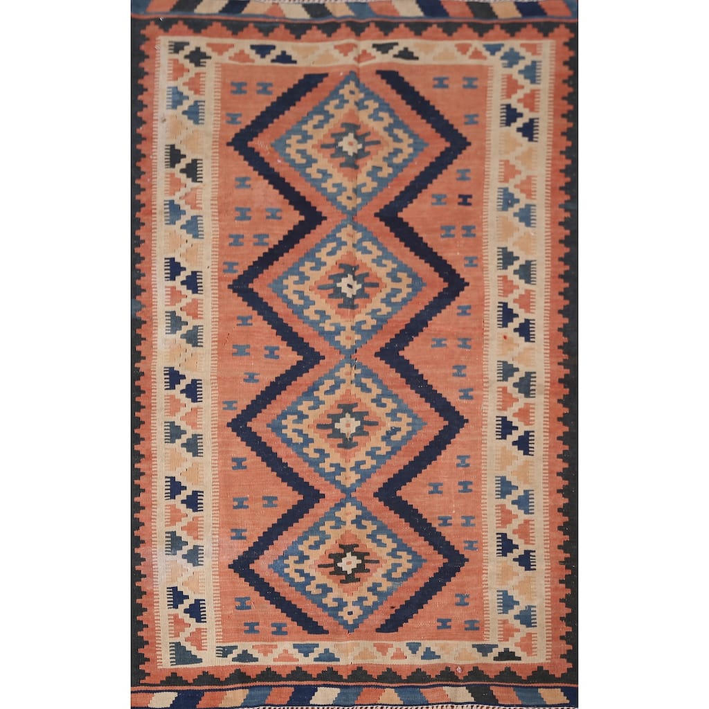 Pink Geometric Kilim Persian Accent Rug Flatweave Wool Carpet - 3'2" X 5'0"