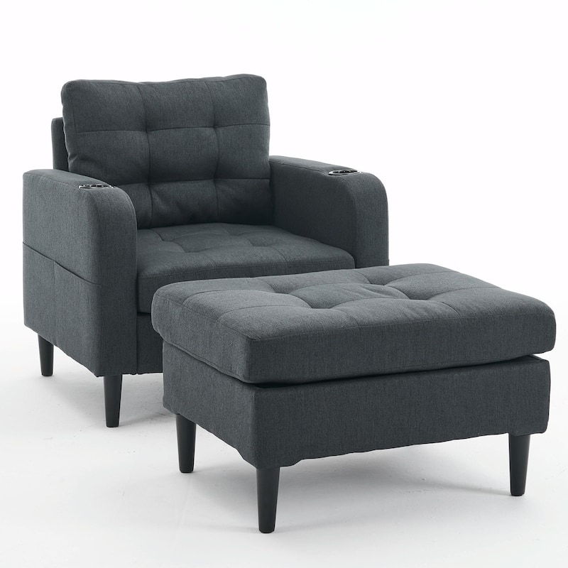 Upholstered Armchair and Storage Ottoman Set with Cup Holders and Tufted Detailing