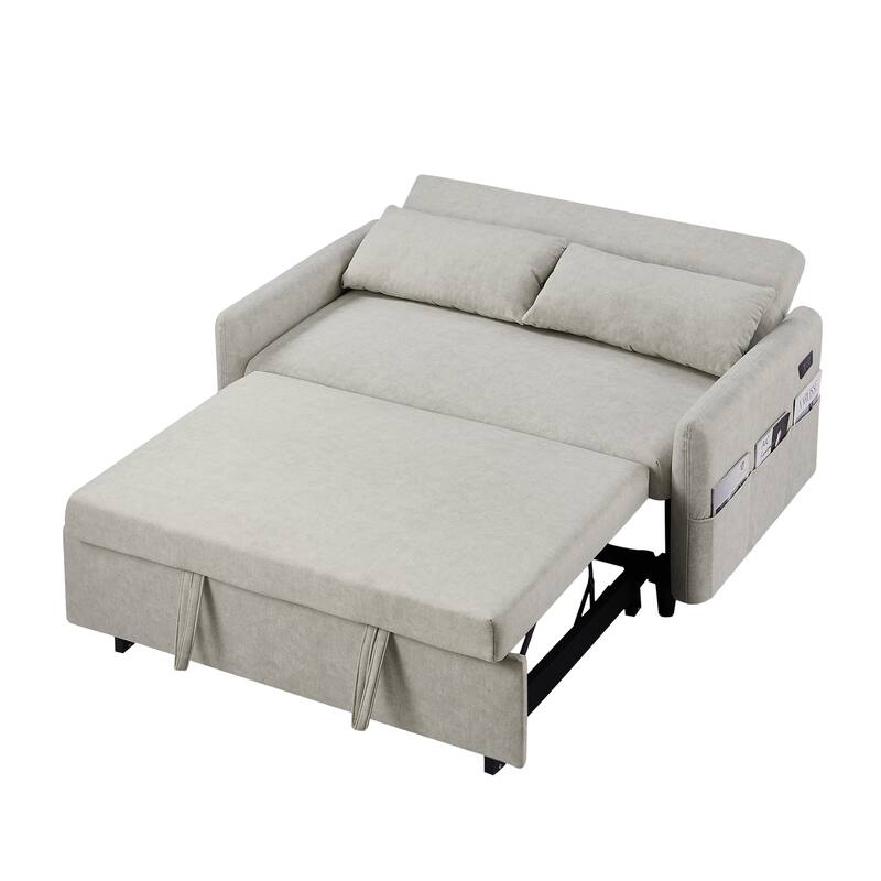 3-in-1 Pull Out Sofa Bed, Couch Bed with Adjsutable Back and Storage Pockets, 2 Seater Sofa with 2 Soft Pillows and USB Ports