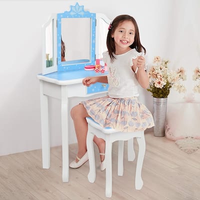 Kids Vanity Table and Stool Set Three-Sided Folding Mirror Single Drawer
