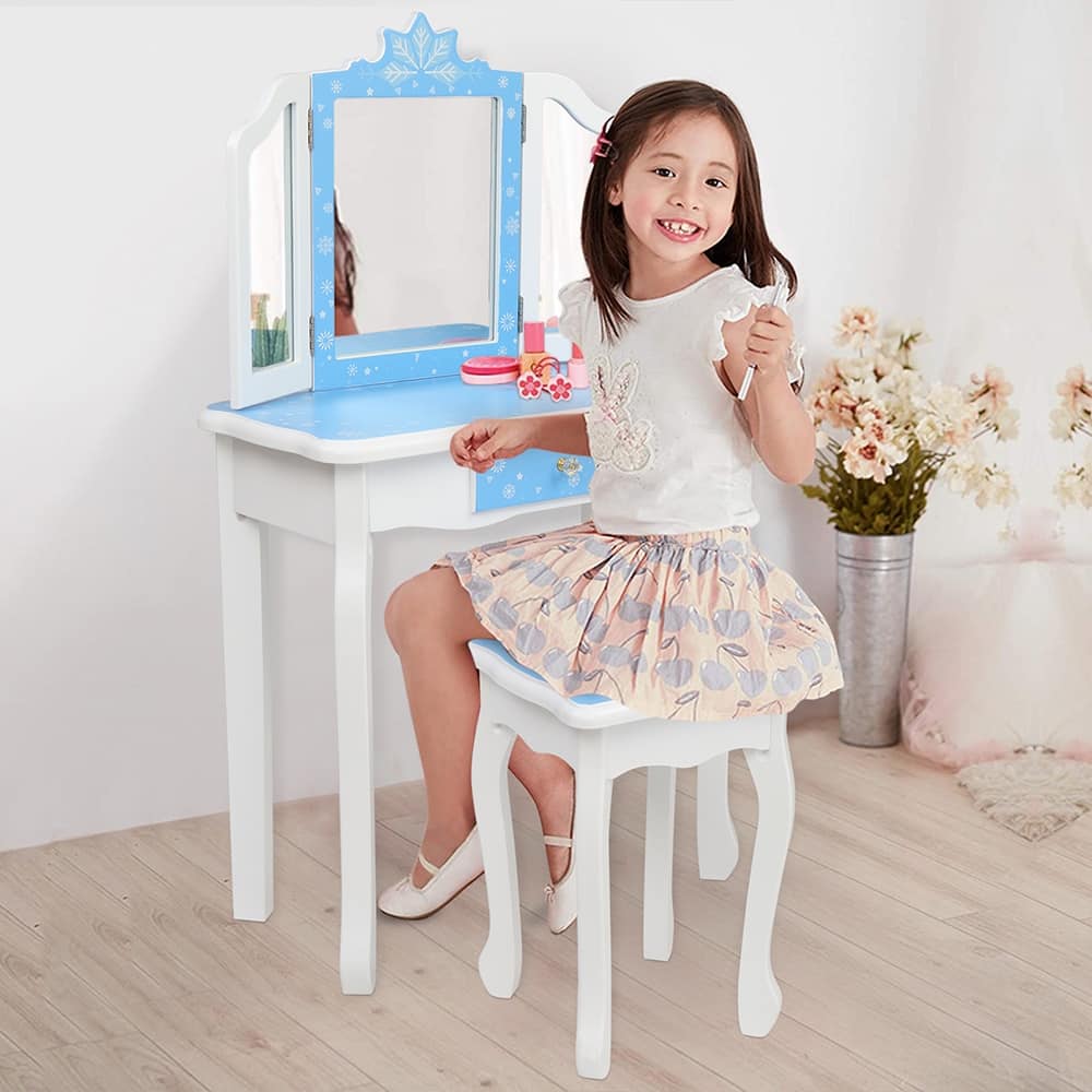 Kids Vanity Table and Stool Set Three-Sided Folding Mirror Single Drawer