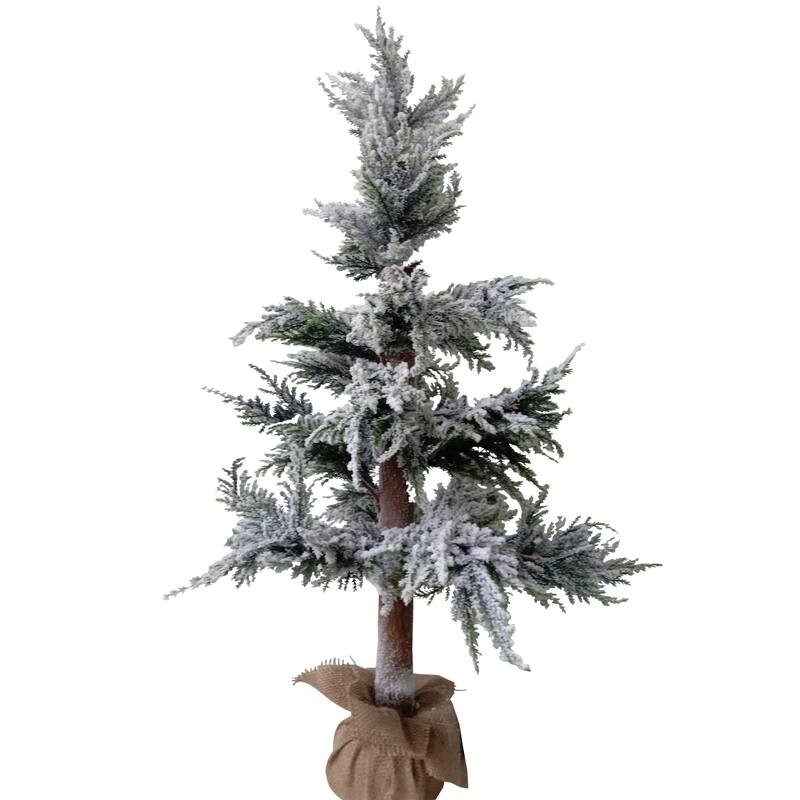 35.25" Heavily Flocked Pine Tree in Natural Jute Base Christmas Decor