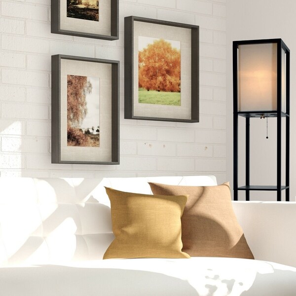 LED Floor Lamp Storage Shelf Standing Wood Light Adjustable Fabric Linen Shade 