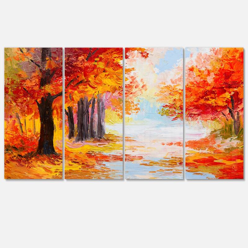 Designart 'Orange Forest in Autumn' Landscape Metal Wall Art - 48 in. wide x 28 in. high - 4 panels