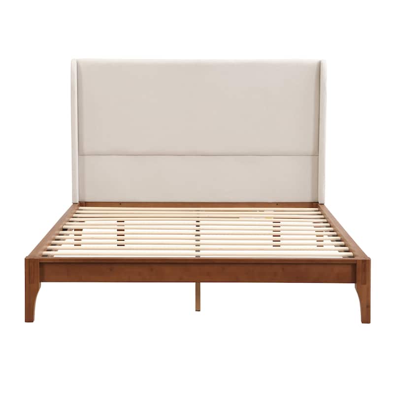 Solid Bamboo Wood Platform Bed with 48" Double Wing Upholstered Headboard