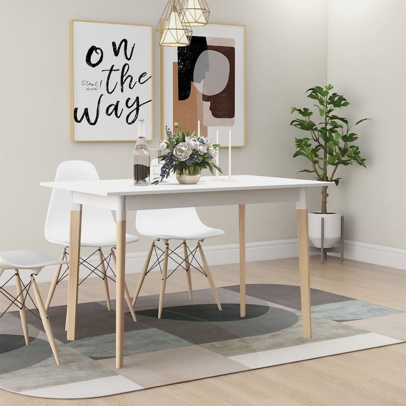 Modern Dining Table 47 Inch Kitchen Table Rectangular Top with Solid Wood Leg-White - White