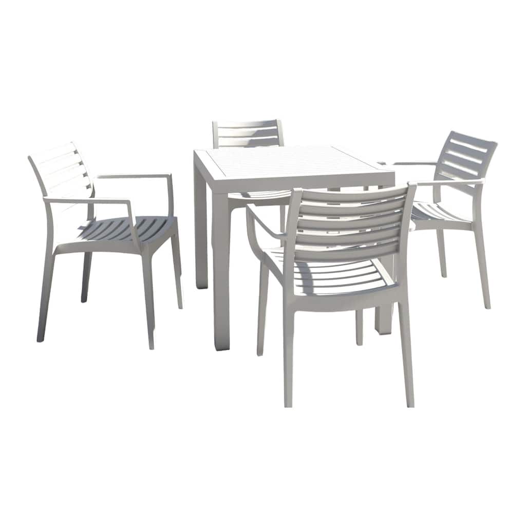 5-Piece White Stackable Square Outdoor Patio Dining Set Arm Chairs 33"
