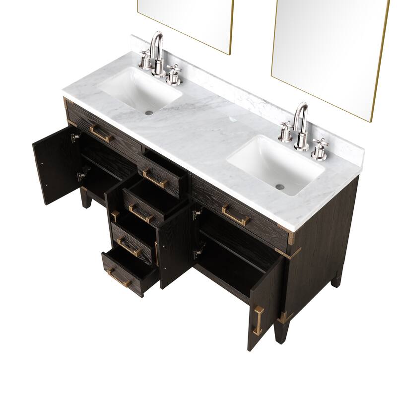 Lexora Laurel Bath Vanity, Carrara Marble Top, Faucet Set, and Mirror