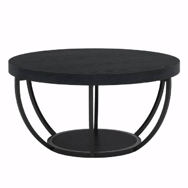 Round 2-Tier Wood Coffee Table with Metal Base for Living Room