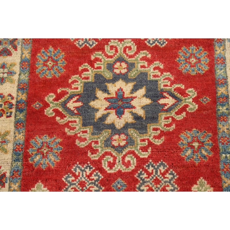 Geometric Red Kazak Oriental Foyer Rug Hand-Knotted Wool Carpet - 2'0" x 3'0"