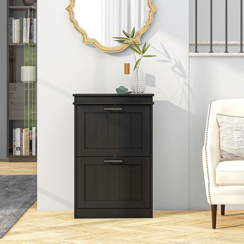 HOMCOM Shoe Cabinet for Entryway, Narrow Shoe Rack Storage Organizer with 2 Flip Drawers and Adjustable Shelves