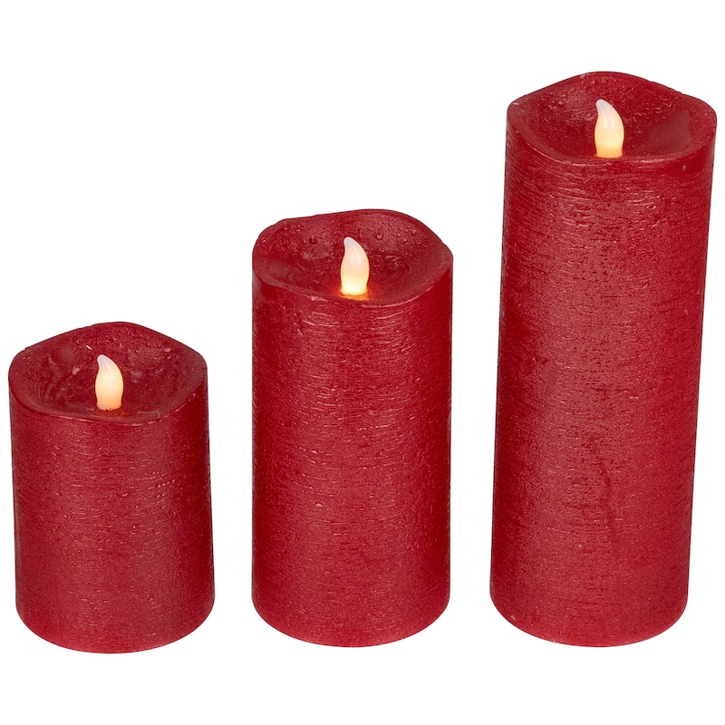LED Flickering Flameless Textured Wax Pillar Candles - 8" - Red - Set of 3