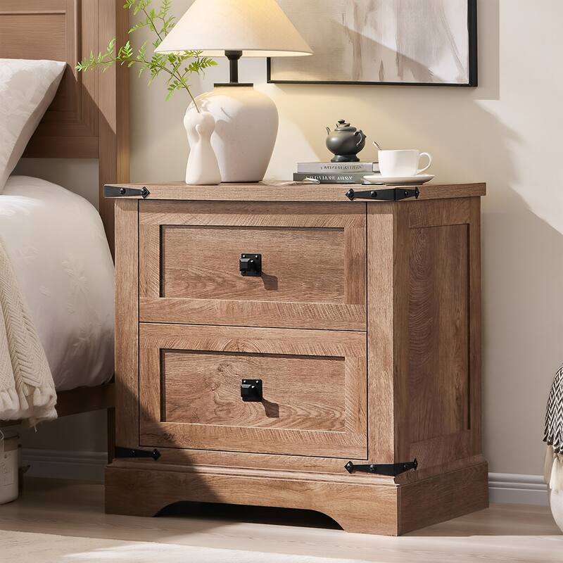 Farmhouse 2 Drawers Nightstand with Charging Station, Large End Table - Oak