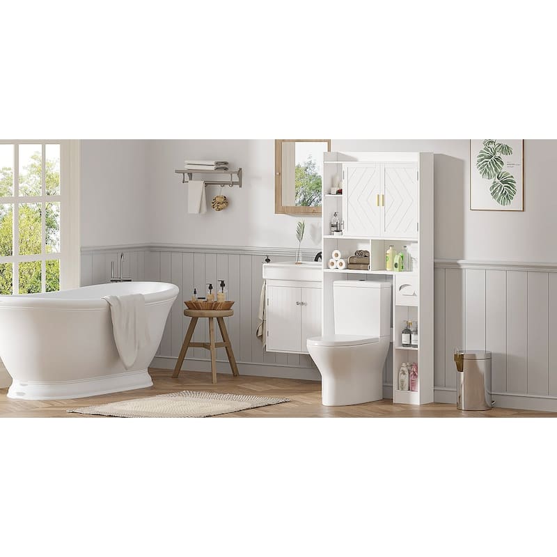 VECELO Over The Toilet Storage Cabinet, White Storage Cabinet Over Toilet with 2 Barn Doors & Toilet Paper Holder Stand