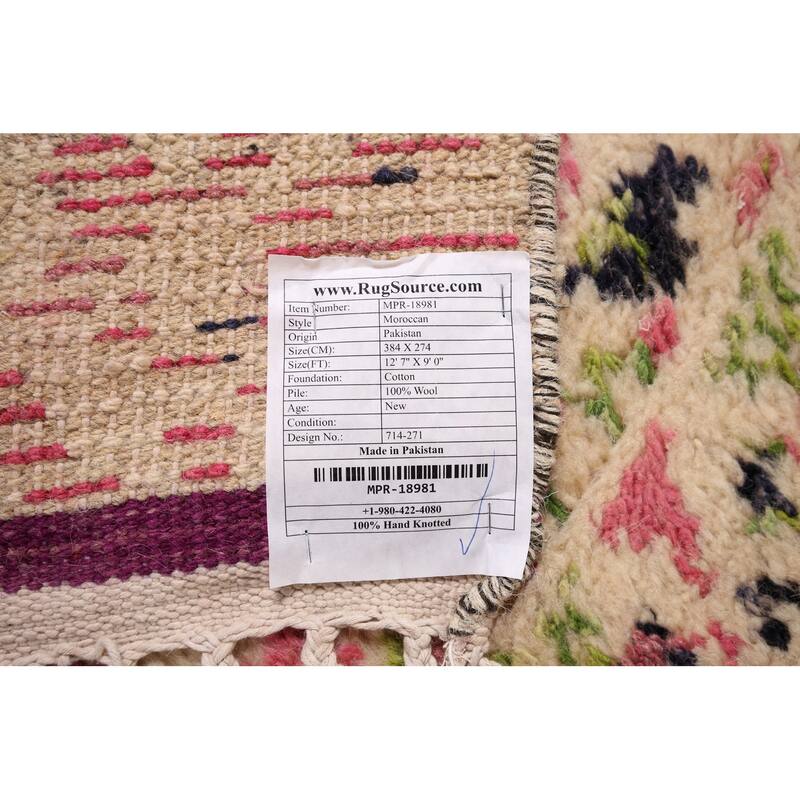 Beige & Pink Moroccan Oriental Area Rug Handmade Wool Carpet - 9'0" x 12'7"