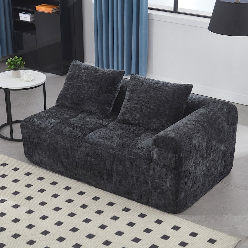Chenille Loveseat Sofa Upholstered Deep Seat Sofa, Lounge Couch Corner Sofa Minimalist Modular Couches for Apartment - Black